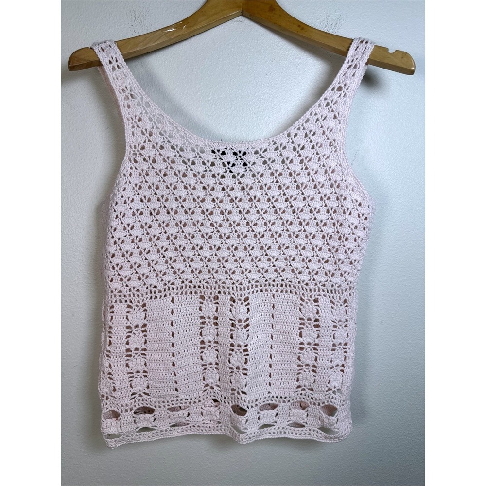 MAG by Magaschoni Pink Crochet Tank Top Cotton Pointelle Knit‎ Scoop Neck Medium